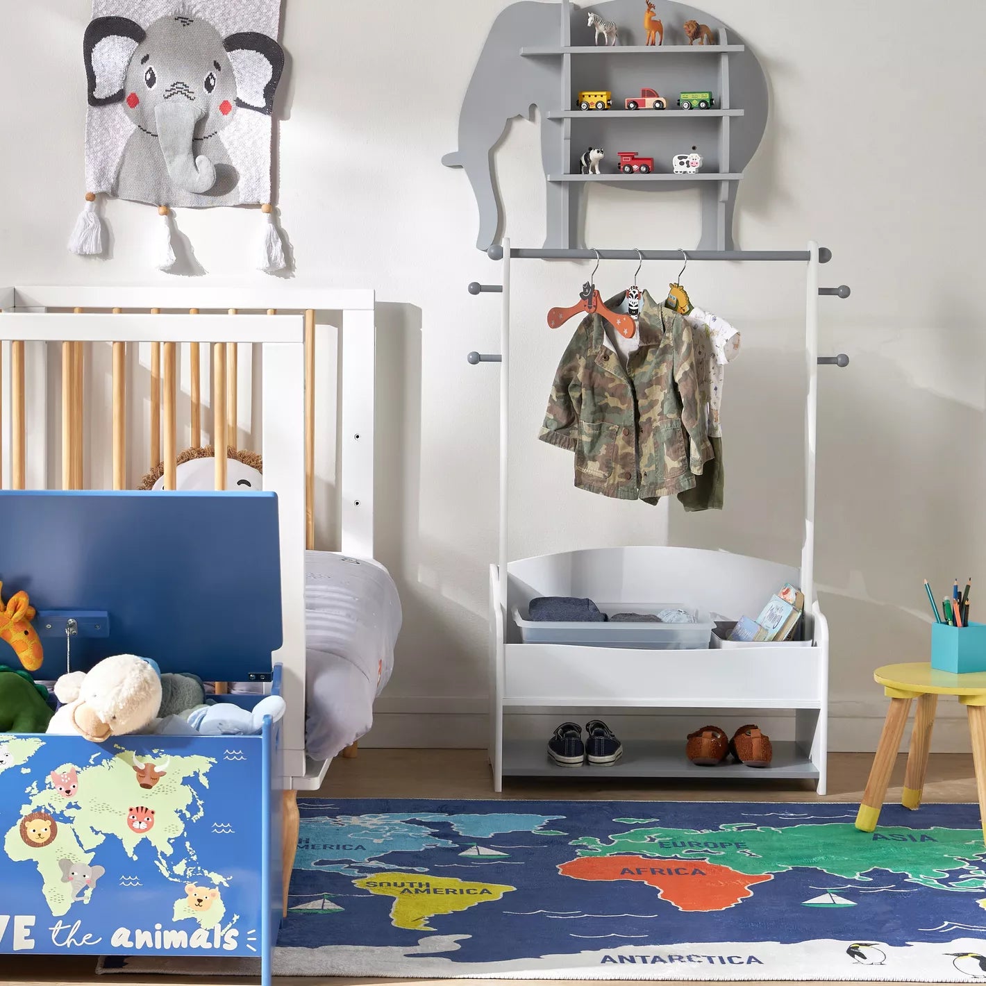 164650741-164650741-HC20062022_05-2100 Дървена Стойка за Детски Дрехи, Етажерка с Рафтове за Съхранение - WHITE/GREY - Image 17
