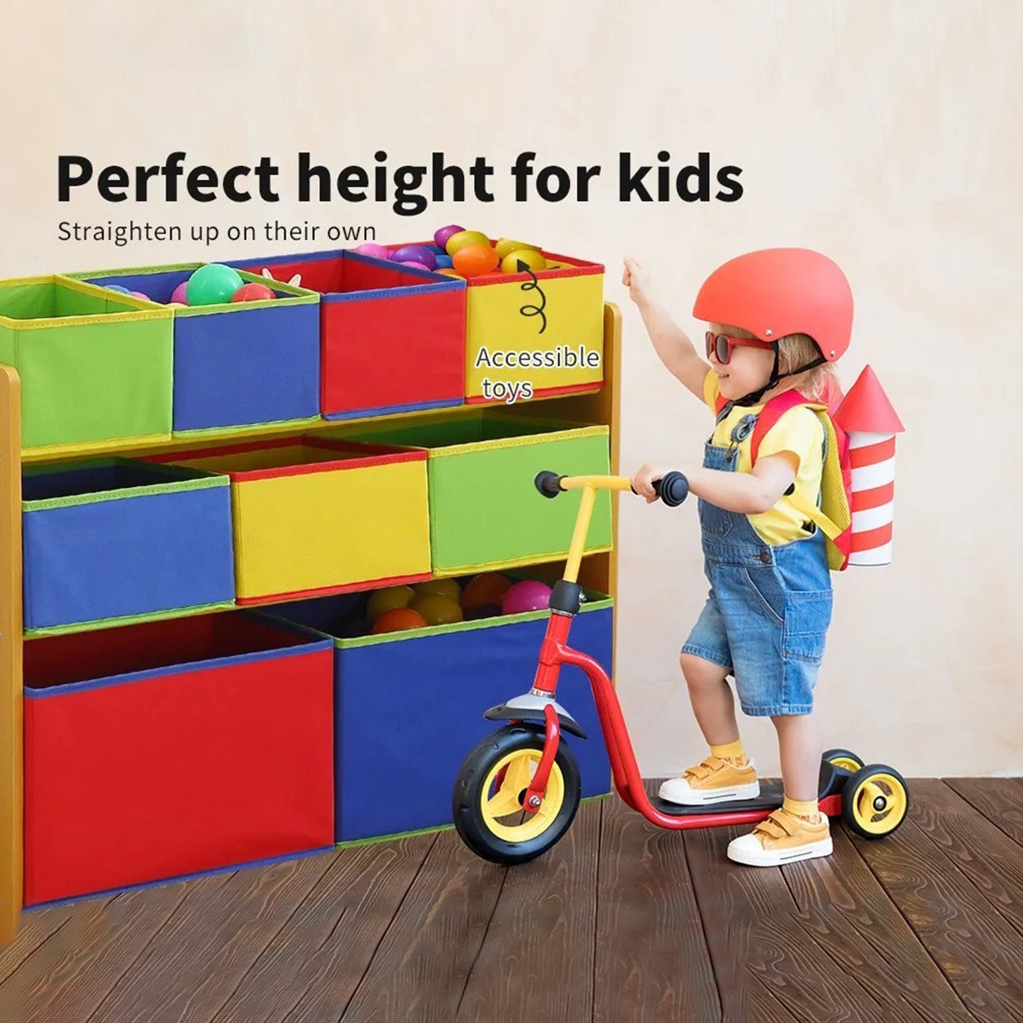 JWTR-3090-11 Детски Дървен Органайзер, Етажерка, Шкаф, Секция за Съхранение на Играчки и Книжки - 3 нива с 9 Текстилни Кутии - COLORS - Image 6