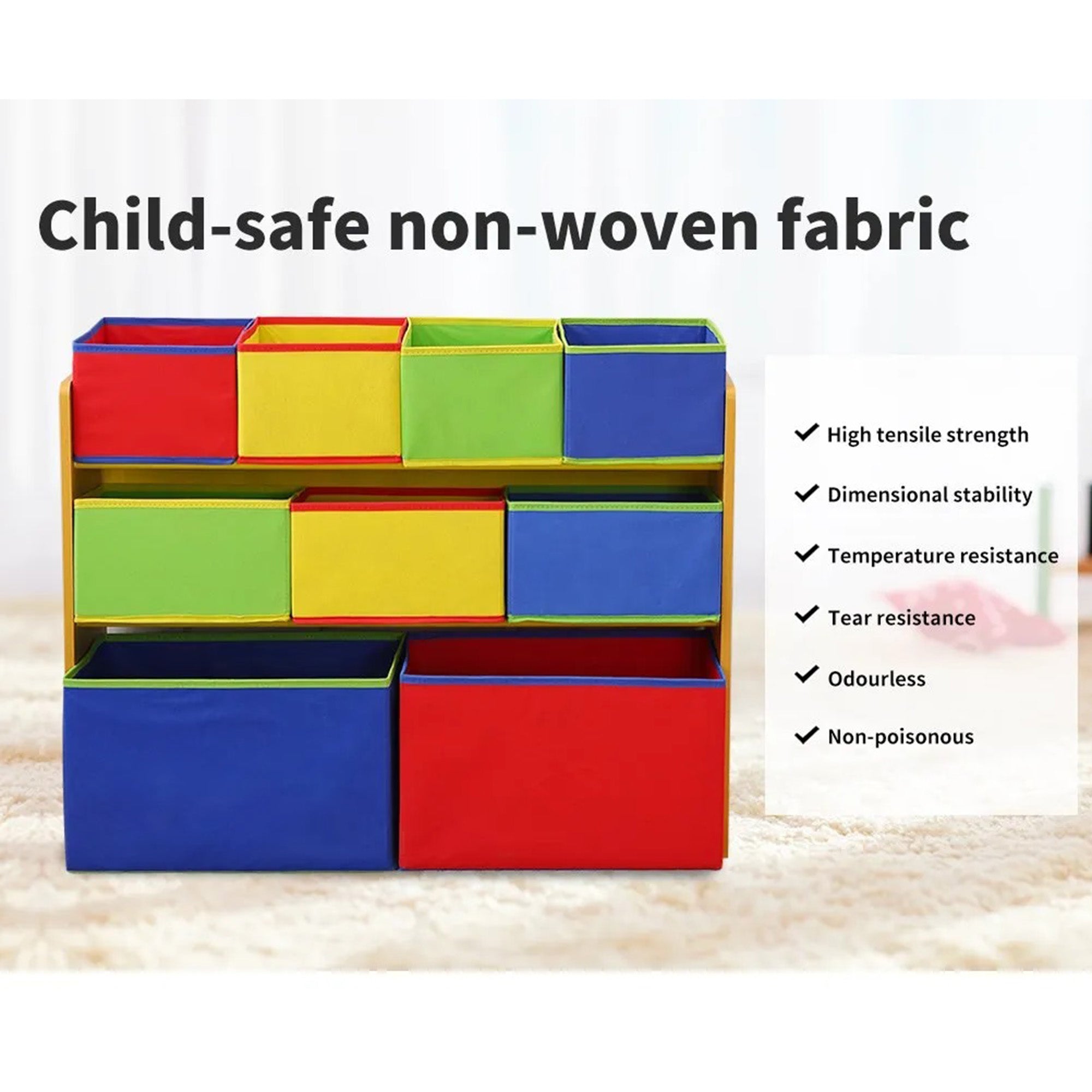 JWTR-3090-9 Детски Дървен Органайзер, Етажерка, Шкаф, Секция за Съхранение на Играчки и Книжки - 3 нива с 9 Текстилни Кутии - COLORS - Image 5