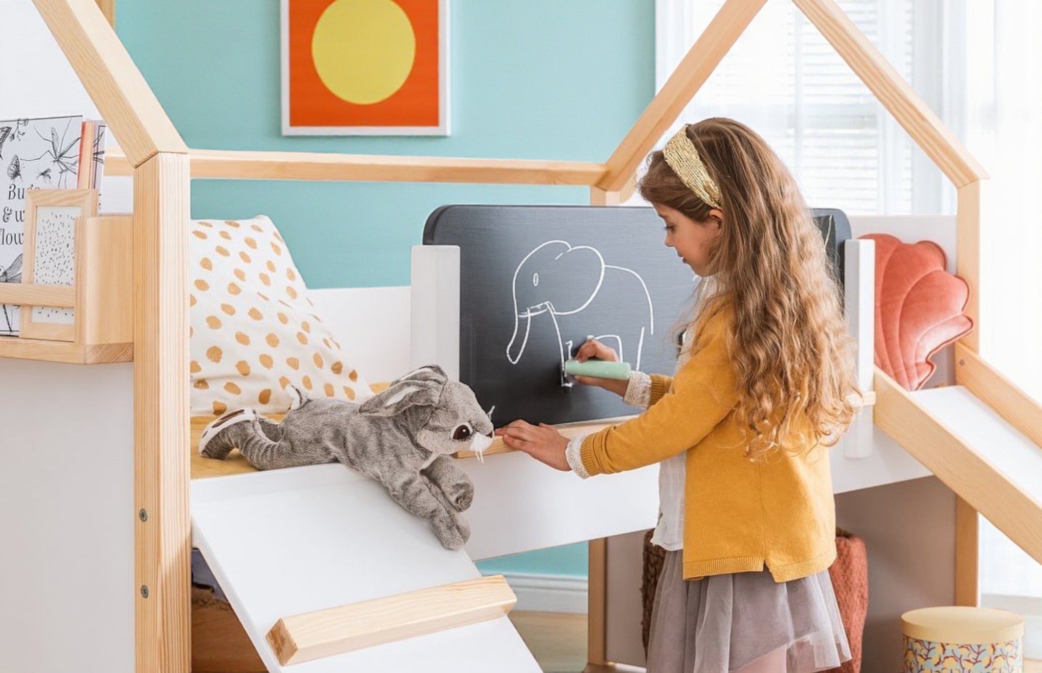 SPK-20-2_1 Детско Легло Къщичка GINGER HOME, Монтесори, Двуетажно, Пързалка, Черна Дъска, Подматрачна Рамка 90х200 см - Image 5