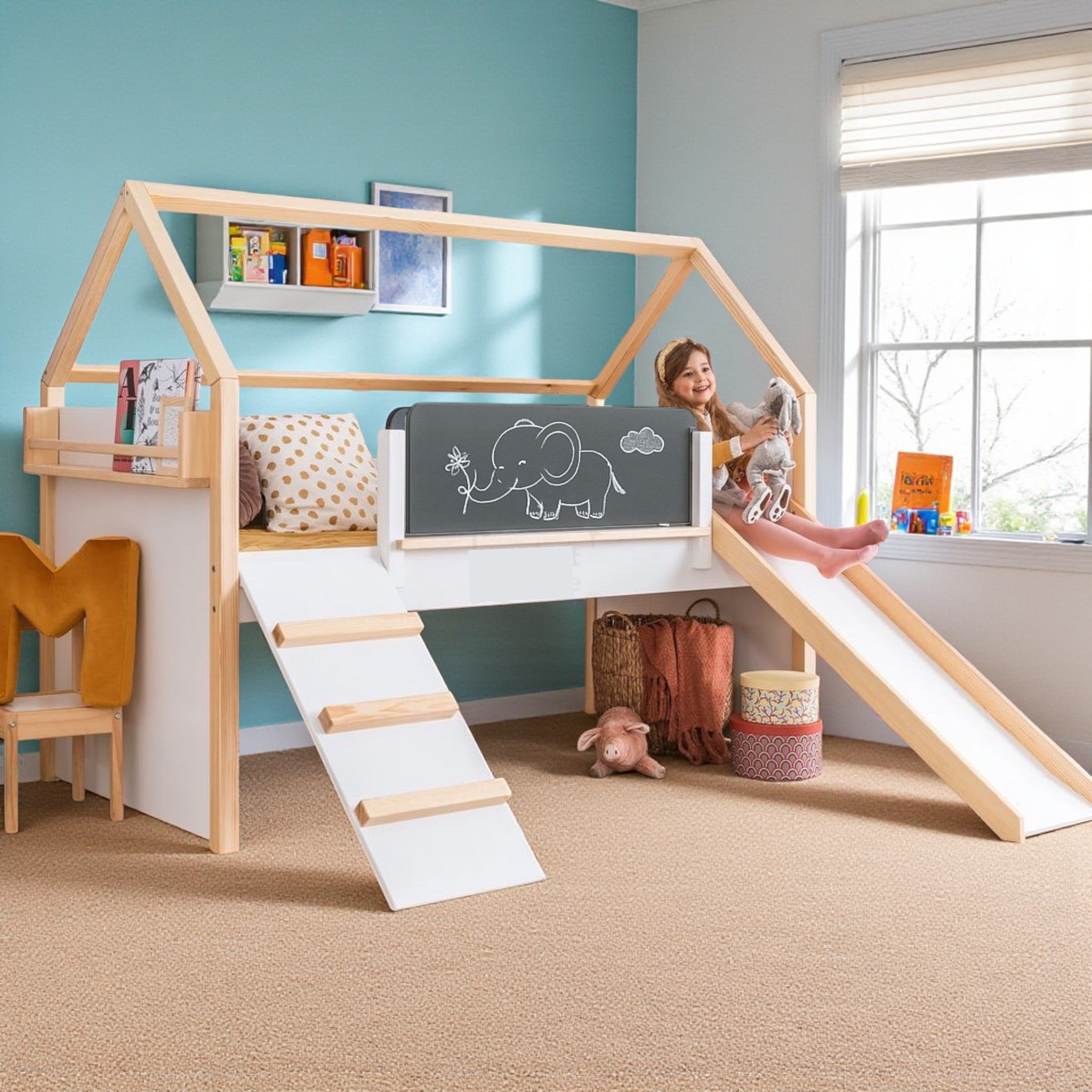 SRK-20-1.1 Детско Легло Къщичка GINGER HOME, Монтесори, Двуетажно, Пързалка, Черна Дъска, Подматрачна Рамка 90х200 см - Image 2