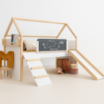 Детско Легло Къщичка GINGER HOME, Монтесори, Двуетажно, Пързалка, Черна Дъска, Подматрачна Рамка 90х200 см - Image 7