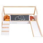 Детско Легло Къщичка GINGER HOME, Монтесори, Двуетажно, Пързалка, Черна Дъска, Подматрачна Рамка 90х200 см - Image 10