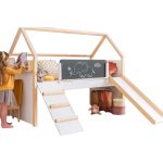 Детско Легло Къщичка GINGER HOME, Монтесори, Двуетажно, Пързалка, Черна Дъска, Подматрачна Рамка 90х200 см - Image 13