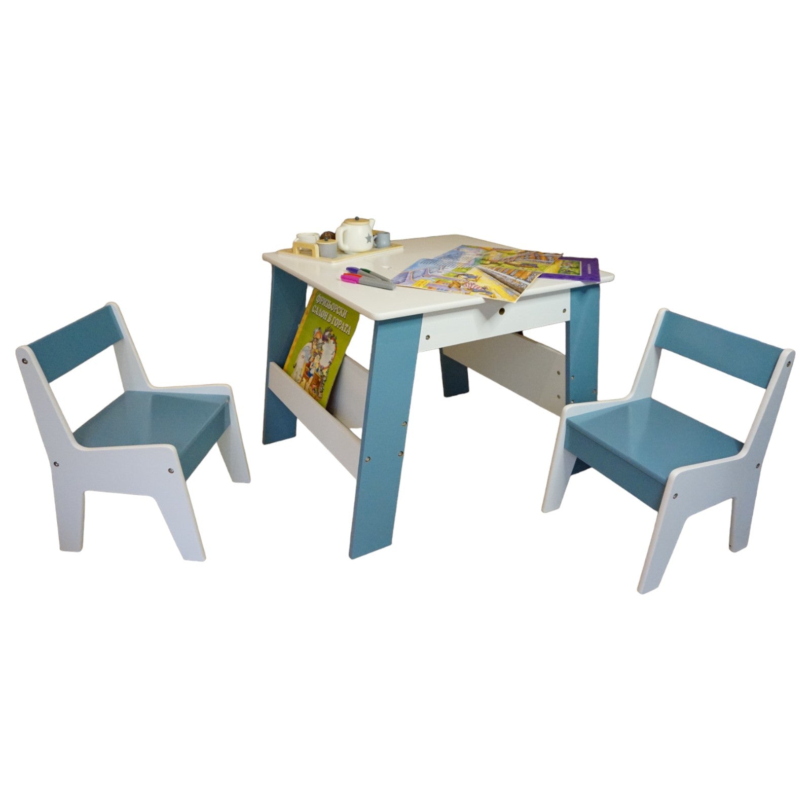 TF6266-15 Детска Дървена Маса с 2 Столчета, с контейнер за играчки, конструктори и място за съхранение на книжки - Бяло/Синьо - Image 20