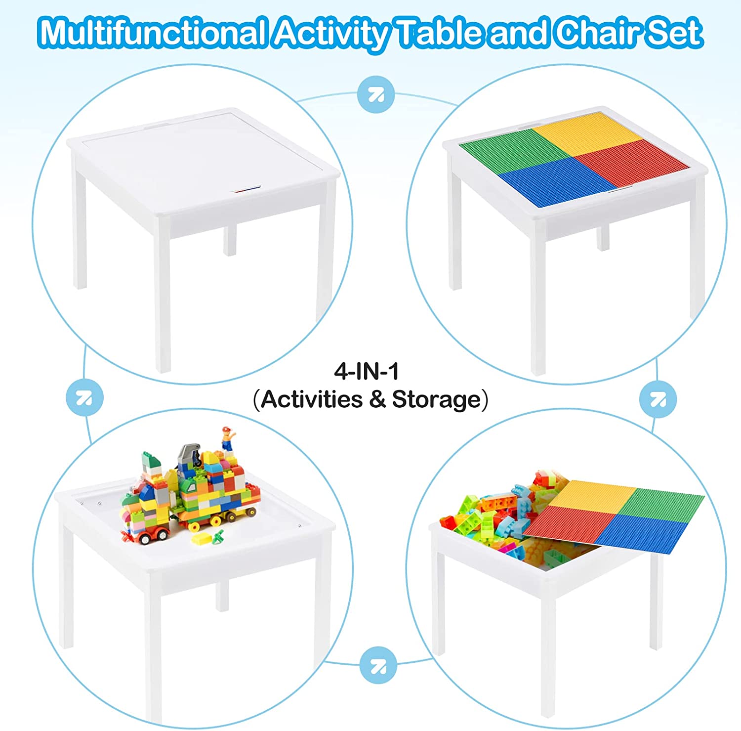 TF6705_21 Детска Маса с 2 Столчета, Двустранна, Комплект от Дърво за Учене, Рисуване, Писане, Редене на Конструктори тип LEGO - WHITE/GRAY - Image 5