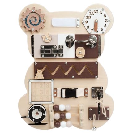 Дървен Бизи Борд Мече GINGER HOME, Монтесори Дъска за Фина Моторика, 30x39 см