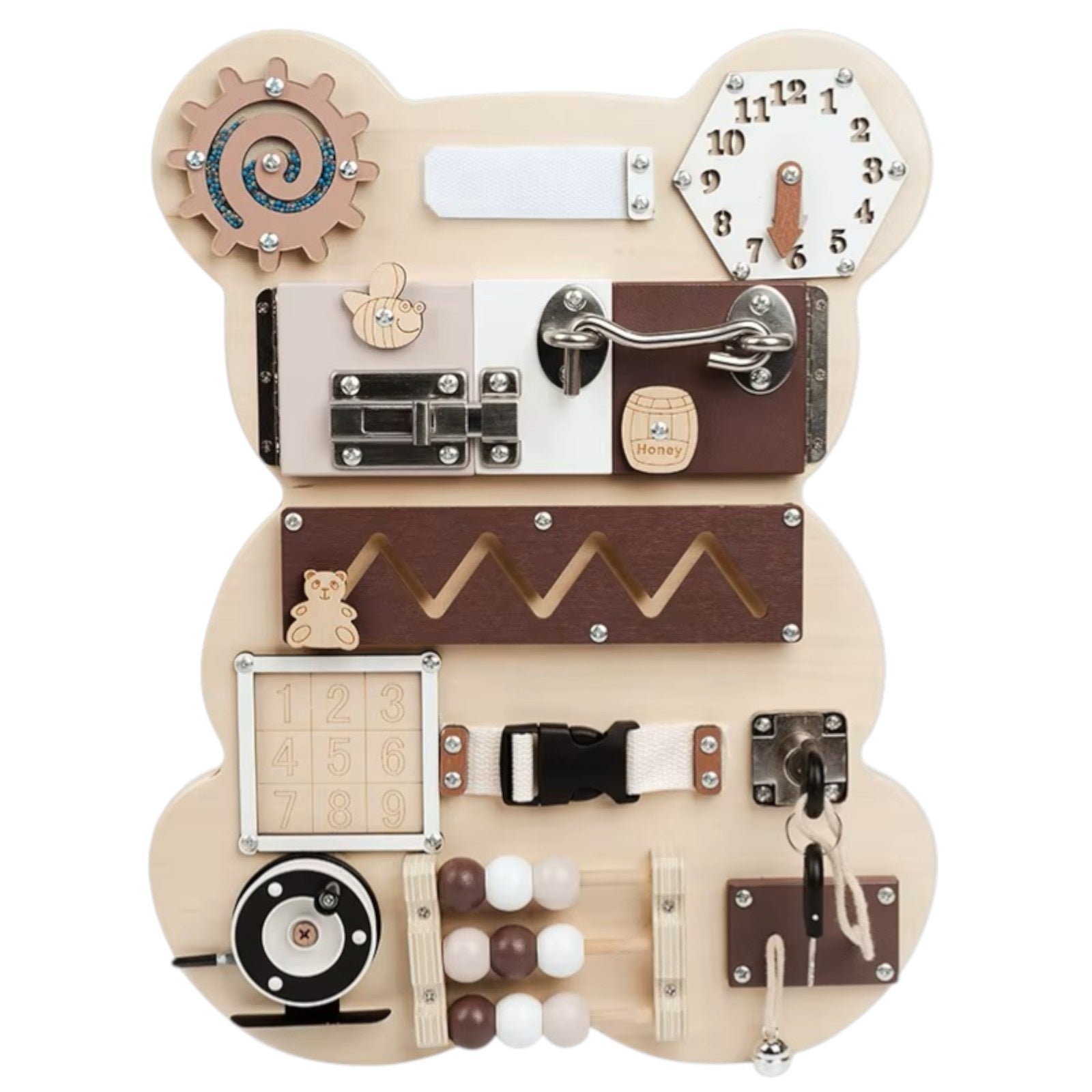 bizi-bord-meche-detski-montesori-ginger-home-daska-fina-motorika-30x39-W12D369 Дървен Бизи Борд Мече GINGER HOME, Монтесори Дъска за Фина Моторика, 30x39 см - Image 1