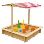 Детски Пясъчник GINGER HOME с Регулируем Покрив с UV Защита, 117x117x113 см, Дървен – Идеален за Игра на Открито - Image 10