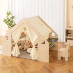 Детска Дървена Къща за Игра 6 в 1 GINGER HOME – Стол, Маса, Черна Дъска, Органайзер, Тента и Мека Подложка - Image 15