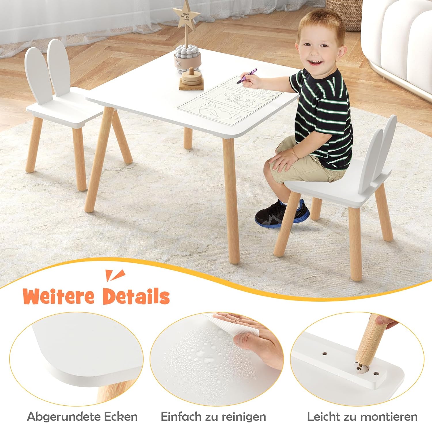 detska-darvena-masa-s-2-stolcheta-BUNNY-komplekt-za-uchene-risuvane-igra-hranene-za-detska-staya-byal-TF6176-10 Детска Дървена Маса с 2 Столчета BUNNY, Комплект за Учене, Рисуване, Игра, Хранене, за Детска Стая, Бял - Image 11