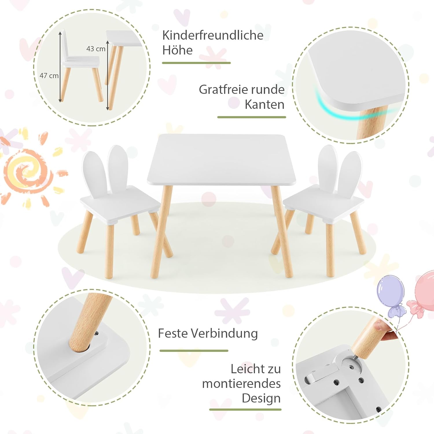 detska-darvena-masa-s-2-stolcheta-BUNNY-komplekt-za-uchene-risuvane-igra-hranene-za-detska-staya-byal-TF6176-8 Детска Дървена Маса с 2 Столчета BUNNY, Комплект за Учене, Рисуване, Игра, Хранене, за Детска Стая, Бял - Image 9