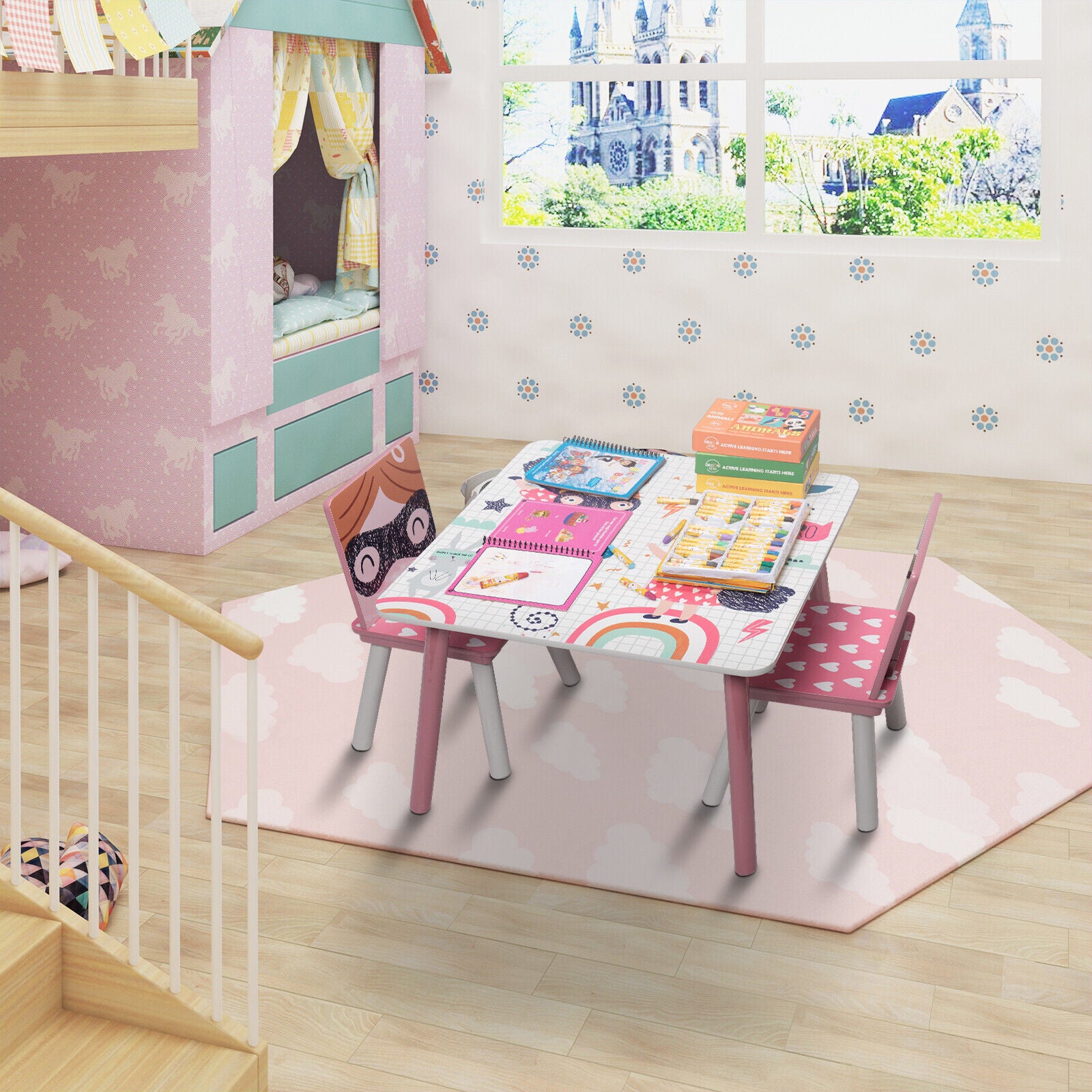 detska-darvena-masa-s-2-stolcheta-komplekt-za-uchene-igra-risuvane-hranene-bqlo-rozovo-super-girl-TF6001-15 Детска Дървена Маса с 2 Столчета, Комплект за Учене, Игра, Рисуване, Хранене, Бяло, Розово - SUPER GIRL - Image 16