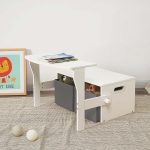 Детска Дървена Пейка, Бюро и Органайзер - 3 в 1 с Място за Съхранение - Бяло и Сиво - Image 20