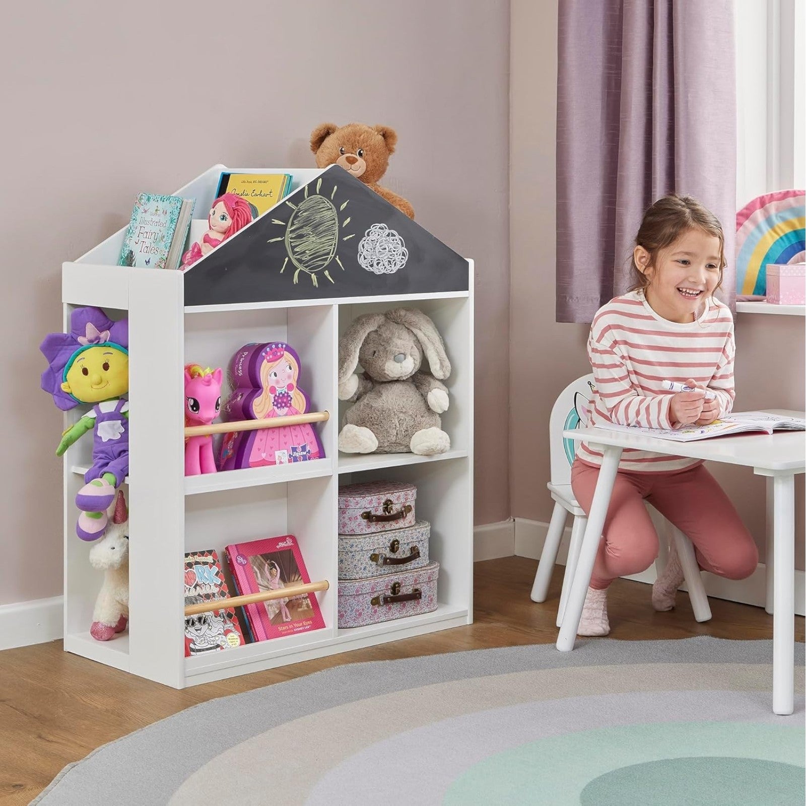 detska-etazherka-za-igrachki-i-knigi-ginger-home-bqla-TF6919-G-12_122d817a-241a-46e4-9f34-077edefd54ef Детска Етажерка за Играчки и Книги GINGER HOME, Къща с Рафтoве и Дъска за Рисуване, Монтесори, Бяла, 72.5x40x95.8 см - Image 14