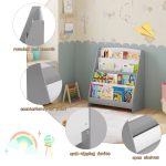 Детска Етажерка за Книжки и Списания, Библиотека с Рафтове, Дървена Секция - Бяло и Сиво - Image 11