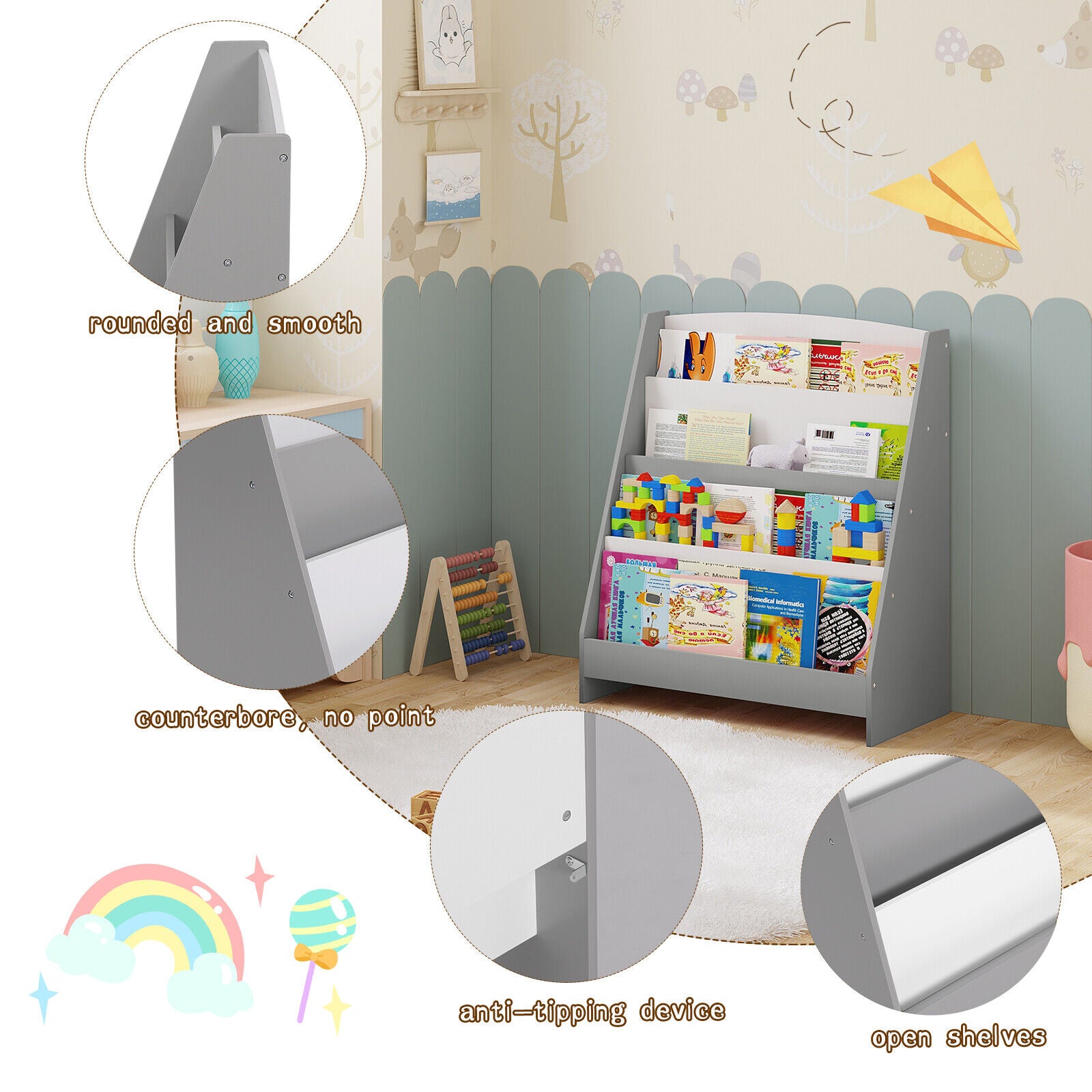 detska-etazherka-za-knizhki-i-spisania-biblioteka-s-raftove-darvena-sektsia-byalo-i-sivo-TF6125-11_0f518ae2-fc0a-4977-a9b2-3038c6fb440f Детска Етажерка за Книжки и Списания, Библиотека с Рафтове, Дървена Секция - Бяло и Сиво - Image 11