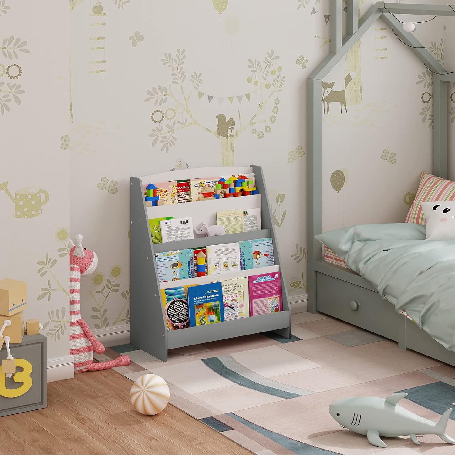 detska-etazherka-za-knizhki-i-spisania-biblioteka-s-raftove-darvena-sektsia-byalo-i-sivo-TF6125-13_8dc8aa64-45e6-426e-a349-928f53b57f13 Детска Етажерка за Книжки и Списания, Библиотека с Рафтове, Дървена Секция - Бяло и Сиво - Image 10