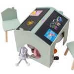 Детска Маса GINGER HOME с 2 Столчета - Мултиактивна Къщичка с Черна Дъска, Плот за Рисуване и Четене - Image 5