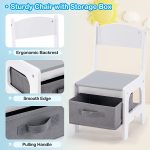 Детска Маса с 2 Столчета, Двустранна, Комплект от Дърво за Учене, Рисуване, Писане, Редене на Конструктори тип LEGO - WHITE/GRAY - Image 10