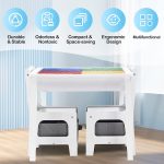 Детска Маса с 2 Столчета, Двустранна, Комплект от Дърво за Учене, Рисуване, Писане, Редене на Конструктори тип LEGO - WHITE/GRAY - Image 9