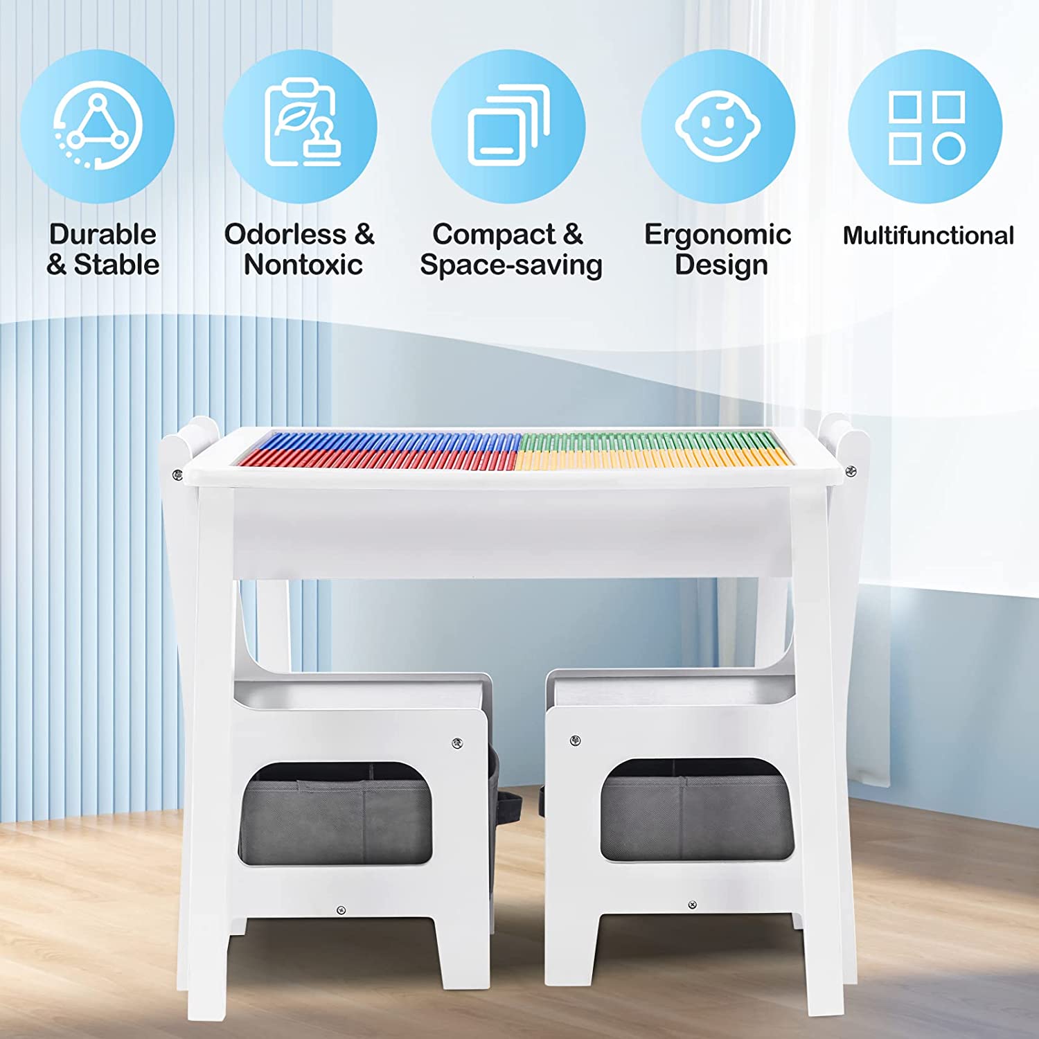 detska-masa-s-2-stolcheta-dvustranna-za-redene-na-konstruktori-tip-LEGO-WHITE-GRAY-TF6705-9 Детска Маса с 2 Столчета, Двустранна, Комплект от Дърво за Учене, Рисуване, Писане, Редене на Конструктори тип LEGO - WHITE/GRAY - Image 9