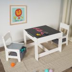 Детска Маса със Столчета, Двустранна, с Черна Дъска, 2 в 1 за Игра и Съхранение, WHITE/GREY - Image 20
