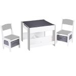 Детска Маса със Столчета, Двустранна, с Черна Дъска, 2 в 1 за Игра и Съхранение, WHITE/GREY - Image 4