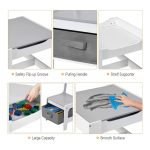 Детска Маса със Столчета, Двустранна, с Черна Дъска, 2 в 1 за Игра и Съхранение, WHITE/GREY - Image 11