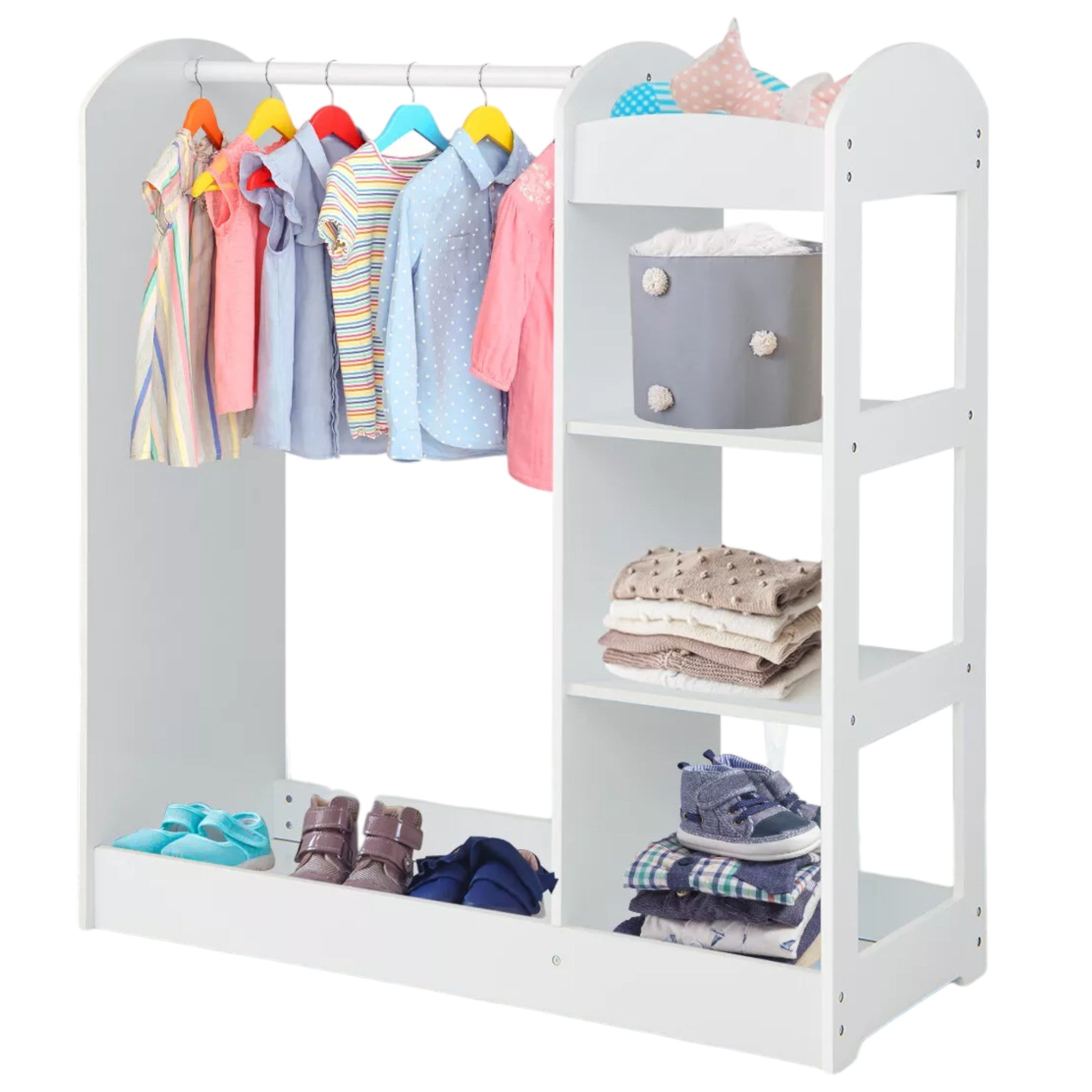 detska-stoyka-za-drehi-s-ogledalo-ginger-home-otvoren-detski-garderob-s-raftove-i-zakachalki-byal-94x38x100-smAT-DC-2108-W-1 Детска Стойка за Дрехи с Огледало GINGER HOME - Отворен Детски Гардероб с Рафтове и Закачалки, Бял, 94x38x100 см - Image 2