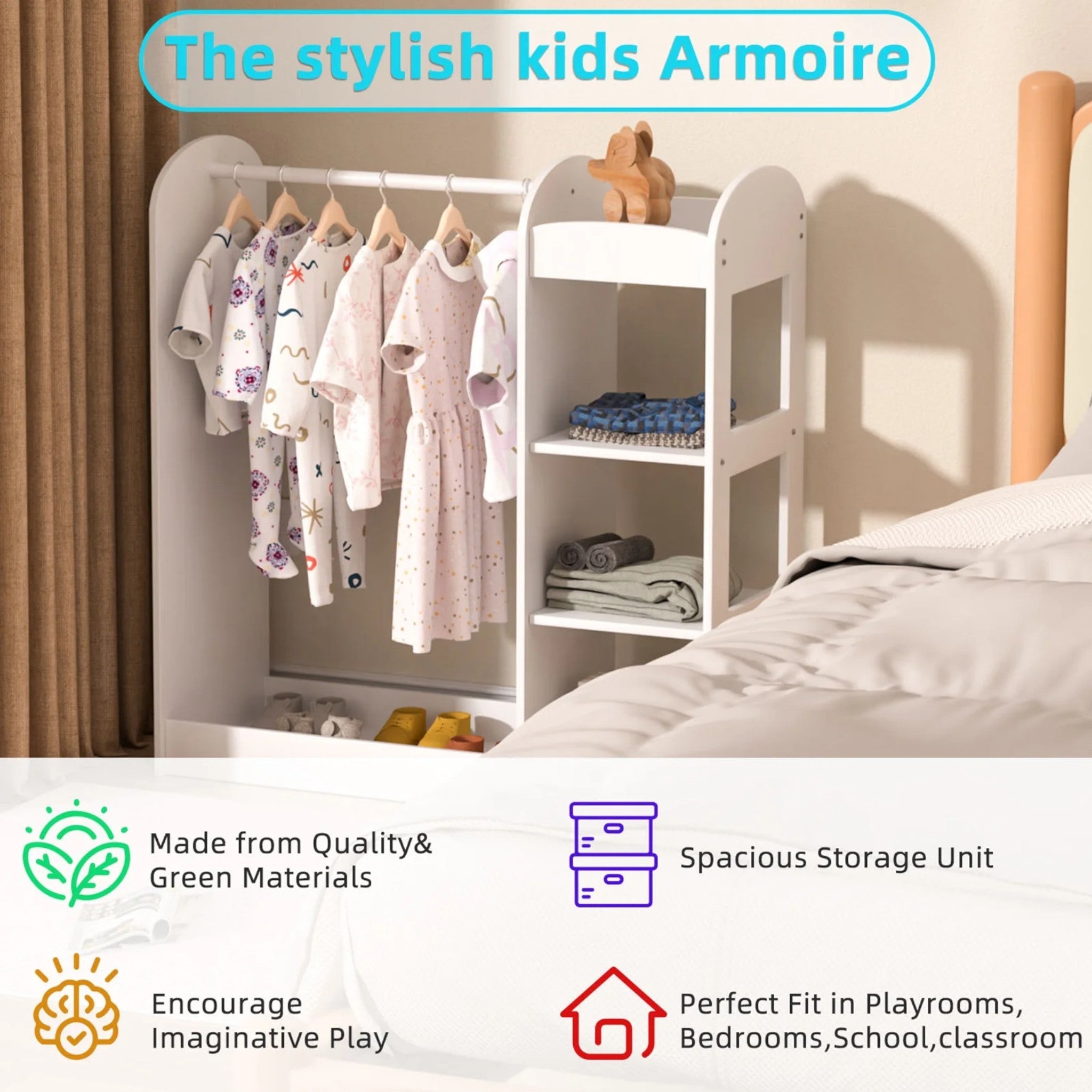 detska-stoyka-za-drehi-s-ogledalo-ginger-home-otvoren-detski-garderob-s-raftove-i-zakachalki-byal-94x38x100-smAT-DC-2108-W-13 Детска Стойка за Дрехи с Огледало GINGER HOME - Отворен Детски Гардероб с Рафтове и Закачалки, Бял, 94x38x100 см - Image 14