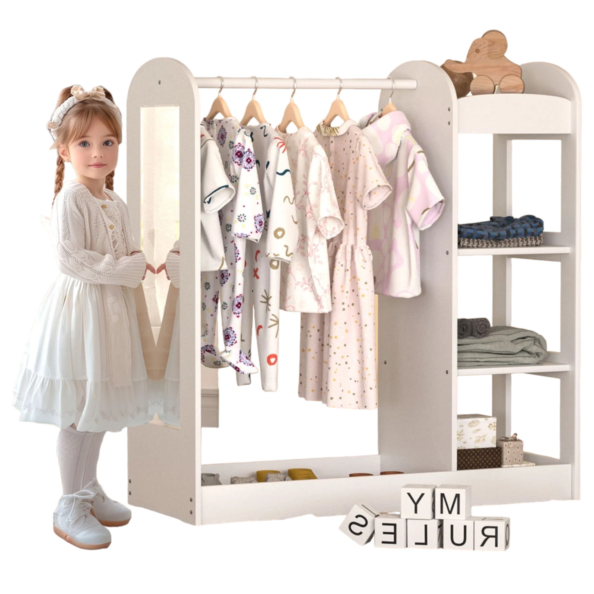 detska-stoyka-za-drehi-s-ogledalo-ginger-home-otvoren-detski-garderob-s-raftove-i-zakachalki-byal-94x38x100-smAT-DC-2108-W-15 Детска Стойка за Дрехи с Огледало GINGER HOME - Отворен Детски Гардероб с Рафтове и Закачалки, Бял, 94x38x100 см - Image 16