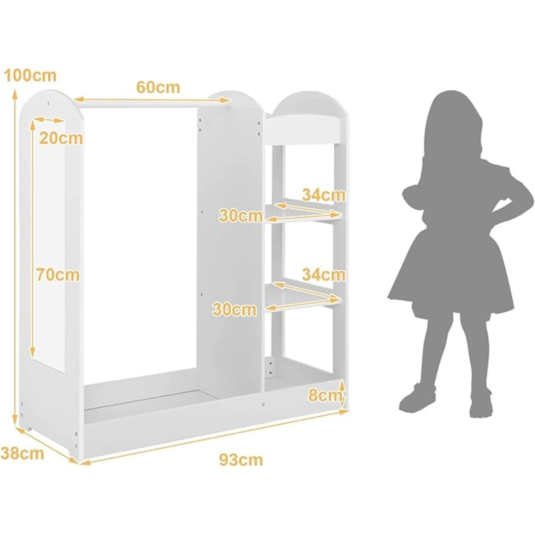 detska-stoyka-za-drehi-s-ogledalo-ginger-home-otvoren-detski-garderob-s-raftove-i-zakachalki-byal-94x38x100-smAT-DC-2108-W-6 Детска Стойка за Дрехи с Огледало GINGER HOME - Отворен Детски Гардероб с Рафтове и Закачалки, Бял, 94x38x100 см - Image 7