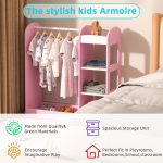 Детска Стойка за Дрехи с Огледало GINGER HOME - Отворен Детски Гардероб с Рафтове и Закачалки, Розов, 94x38x100 см - Image 13