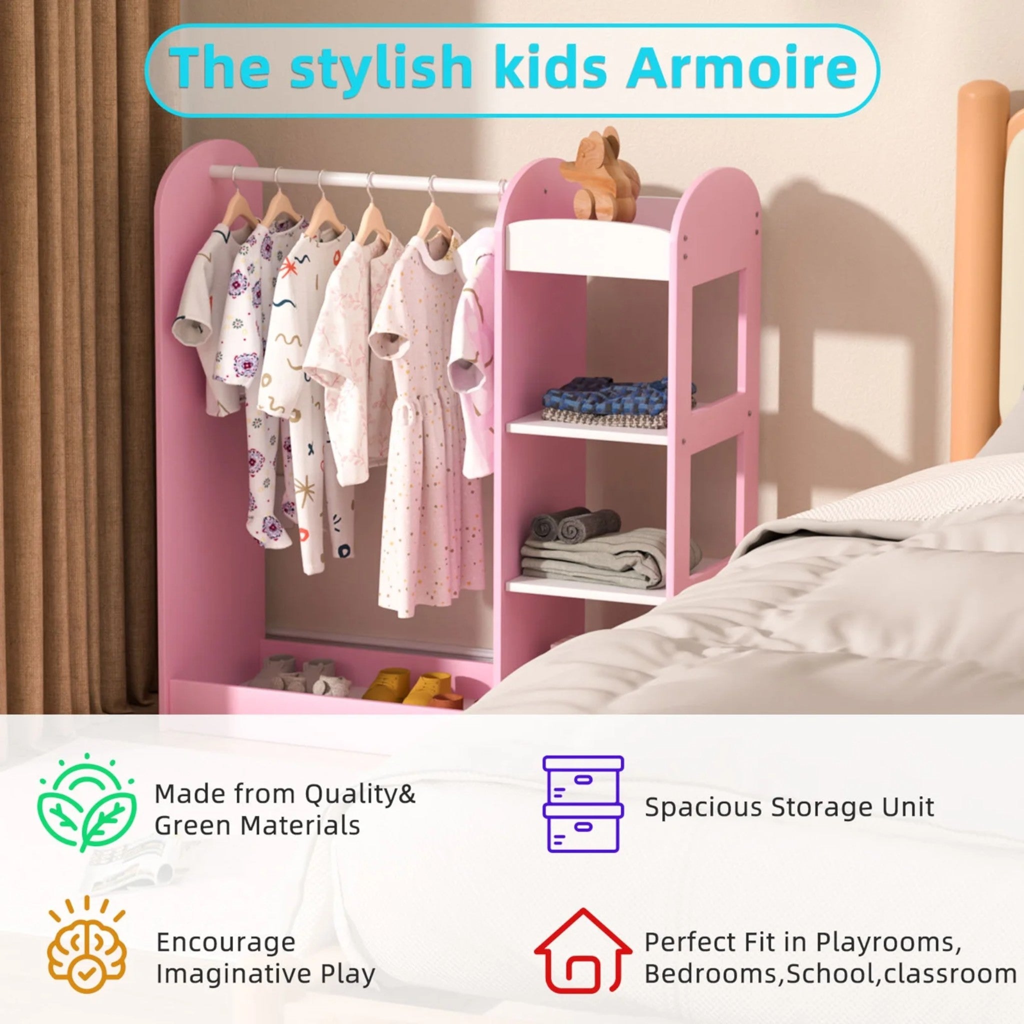 detska-stoyka-za-drehi-s-ogledalo-ginger-home-otvoren-detski-garderob-s-raftove-i-zakachalki-rozov-94x38x100-sm-AT-DC-2108-P-12 Детска Стойка за Дрехи с Огледало GINGER HOME - Отворен Детски Гардероб с Рафтове и Закачалки, Розов, 94x38x100 см - Image 13