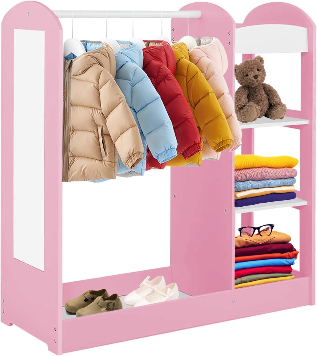 detska-stoyka-za-drehi-s-ogledalo-ginger-home-otvoren-detski-garderob-s-raftove-i-zakachalki-rozov-94x38x100-sm-AT-DC-2108-P-16 Детска Стойка за Дрехи с Огледало GINGER HOME - Отворен Детски Гардероб с Рафтове и Закачалки, Розов, 94x38x100 см - Image 17