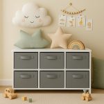 Детски Скрин GINGER HOME с 6 Текстилни Кутии за Съхранение на Играчки и Аксесоари, Сиво и Бяло - Image 5