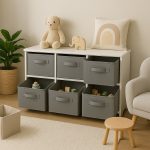 Детски Скрин GINGER HOME с 6 Текстилни Кутии за Съхранение на Играчки и Аксесоари, Сиво и Бяло - Image 8