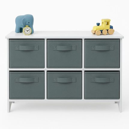 Детски Скрин GINGER HOME с 6 Текстилни Кутии за Съхранение на Играчки и Аксесоари, Сиво и Бяло