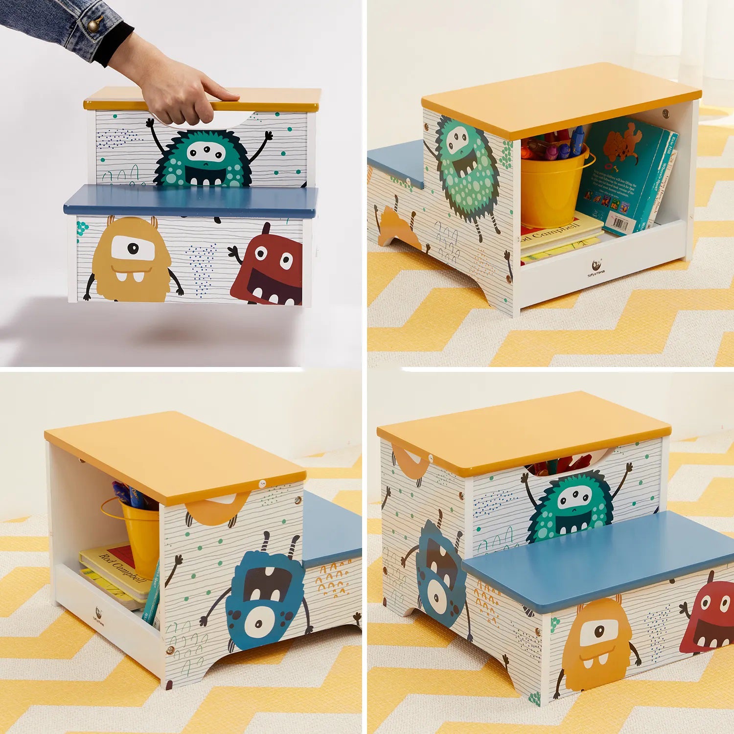 detsko-stolche-stalba-ot-darvo-s-2-stapala-myasto-za-sahranenie-drazhka-prenasyane-MONSTER-TF6063-9 Детско Столче-Стълба, от Дърво, с 2 Стъпала, Място за Съхранение, Дръжка за Пренасяне - MONSTER - Image 10