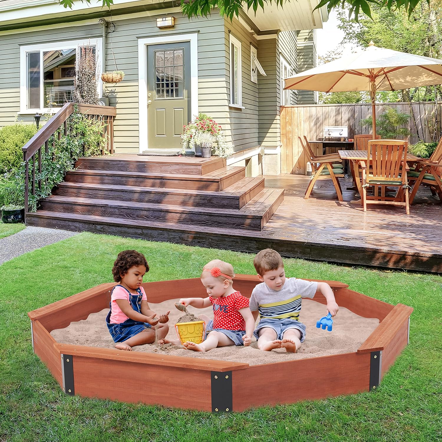 golyam-darven-detski-pyasachnik-s-okrivalo-OCTAGON-199-sm Голям Детски Пясъчник GINGER HOME, Дървен OCTAGON, Водоустойчиво Покривало, 199х199х23 см. - Image 3