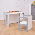 Монтесори Детска маса и Столче GINGER HOME, Дървен Комплект 3 в 1, бяло и сиво - Image 16