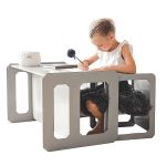 Монтесори Детска маса и Столче GINGER HOME, Дървен Комплект 3 в 1, бяло и сиво - Image 7