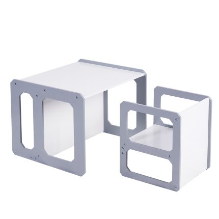 Монтесори Детска маса и Столче GINGER HOME, Дървен Комплект 3 в 1, бяло и сиво