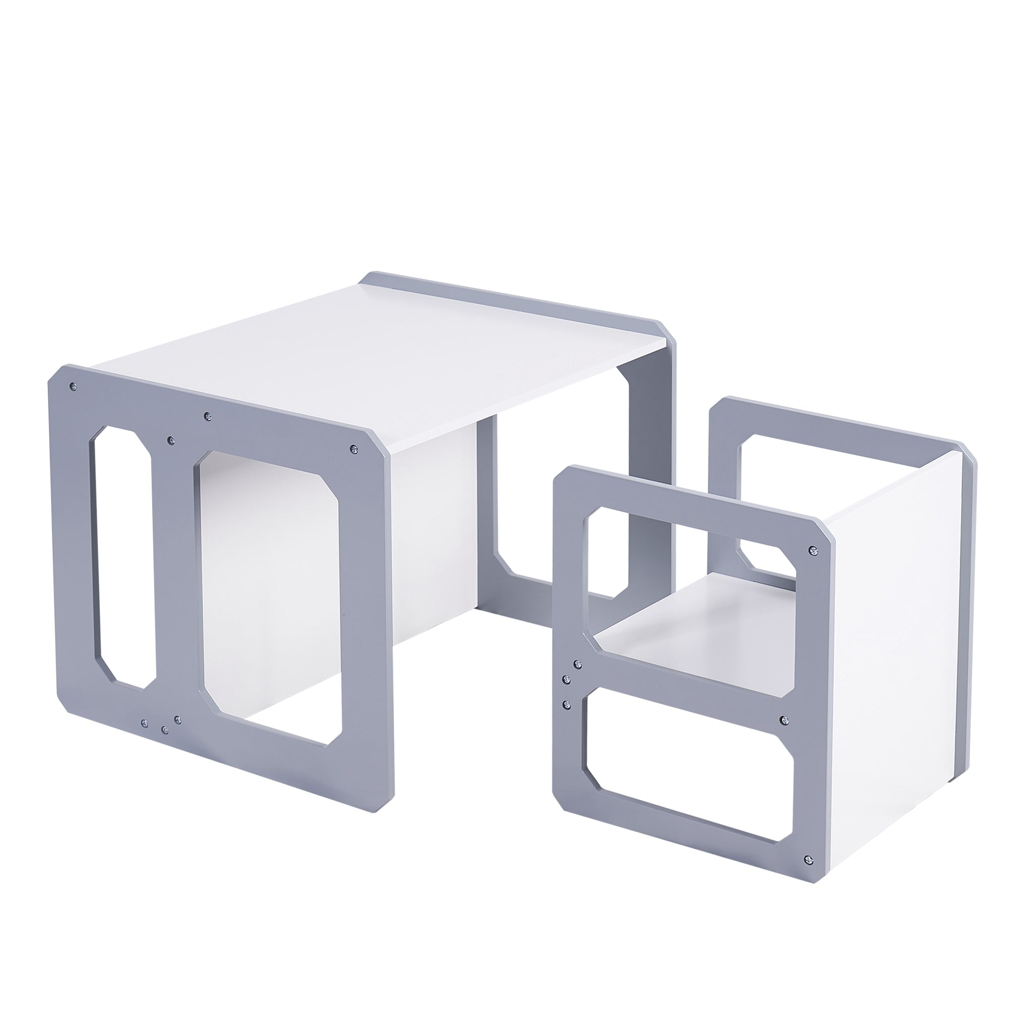 montesori-detska-masa-stolche-ginger-home-darven-komplekt-3v1-bqlo-sivo-TF6912 Монтесори Детска маса и Столче GINGER HOME, Дървен Комплект 3 в 1, бяло и сиво - Image 1