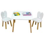 Детска Дървена Маса с 2 Столчета BUNNY, Комплект за Учене, Рисуване, Игра, Хранене, за Детска Стая, Бял - Image 4