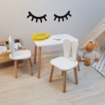 Детска Дървена Маса с 2 Столчета BUNNY, Комплект за Учене, Рисуване, Игра, Хранене, за Детска Стая, Бял - Image 6