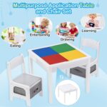 Детска Маса с 2 Столчета, Двустранна, Комплект от Дърво за Учене, Рисуване, Писане, Редене на Конструктори тип LEGO - WHITE/GRAY - Image 7