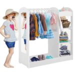 Детска Стойка за Дрехи с Огледало GINGER HOME - Отворен Детски Гардероб с Рафтове и Закачалки, Бял, 94x38x100 см - Image 4
