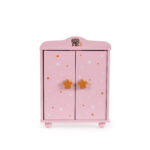 Дървен гардероб за кукли с 3 закачалки розов